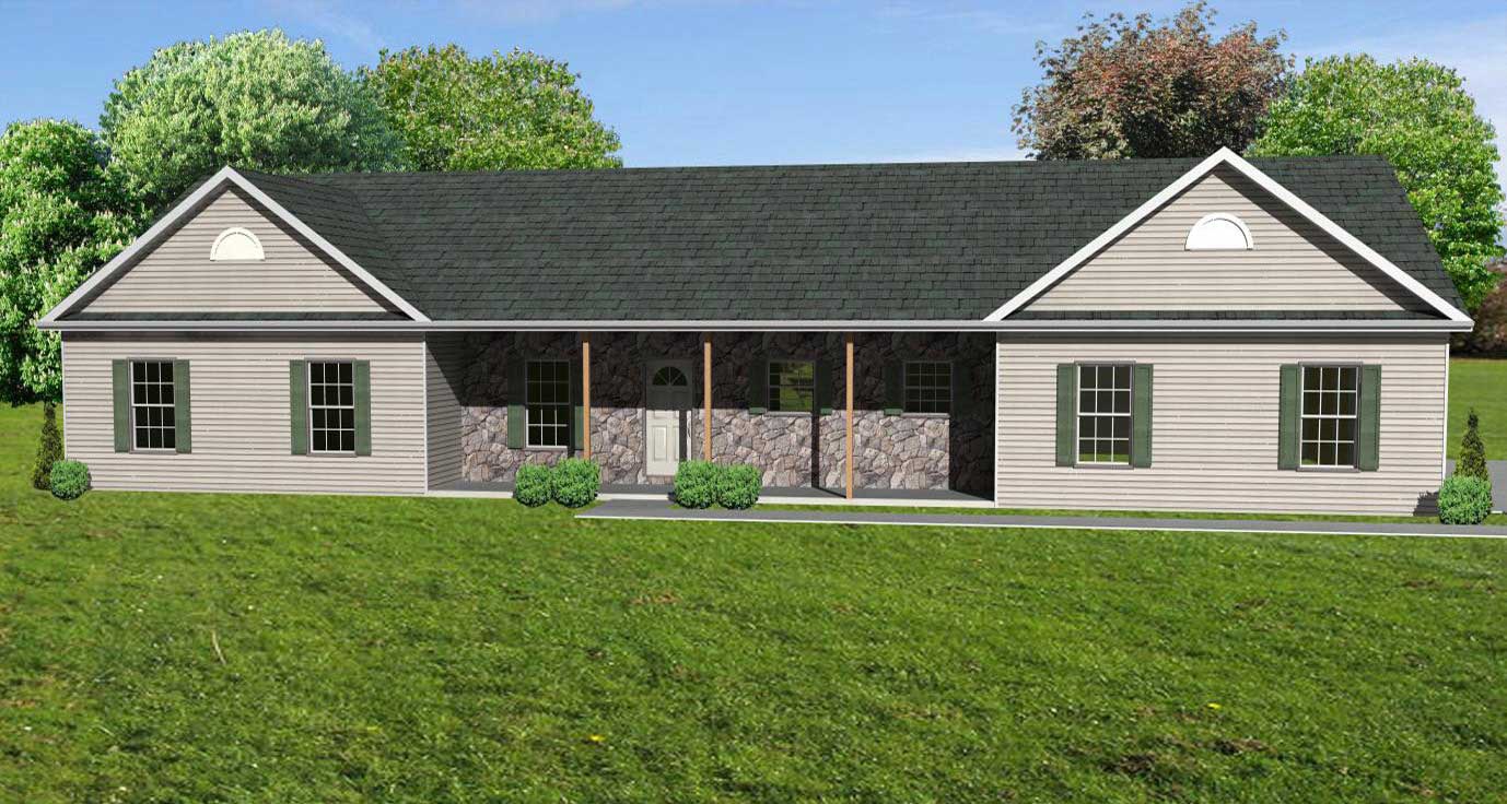 This image shows the front elevation of these Ranch House Plans.