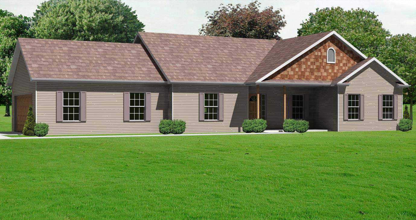 This is a flambouyant front elevation of these Ranch Houseplans.