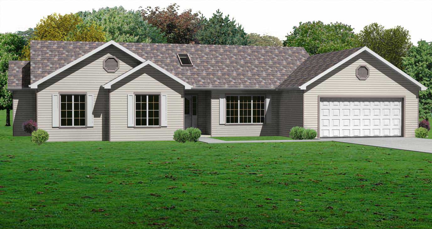 This is a colorful computer 3D rendering of these Ranch House Plans.