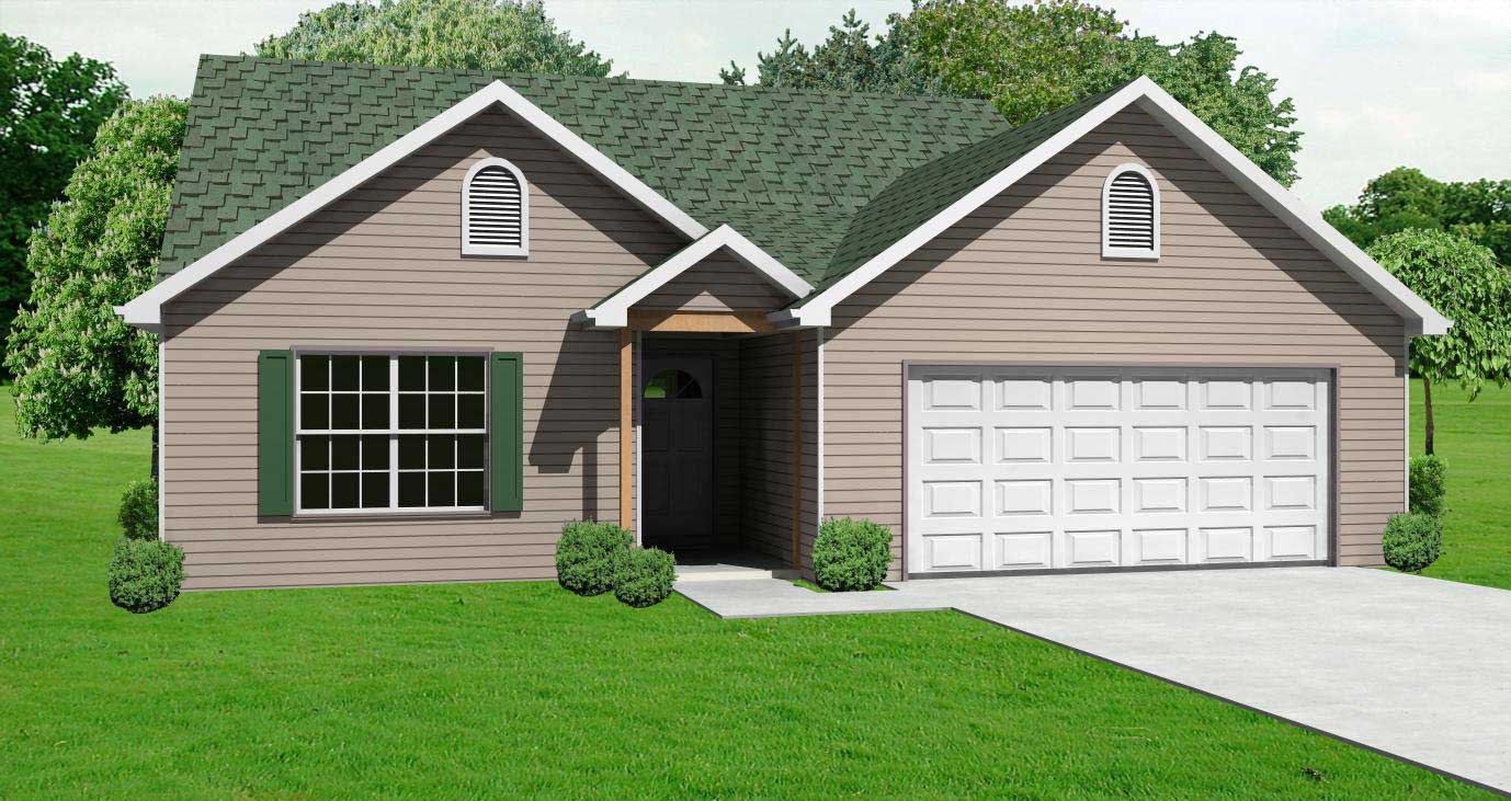 This is a 3D image of these Country Ranch House Plans.