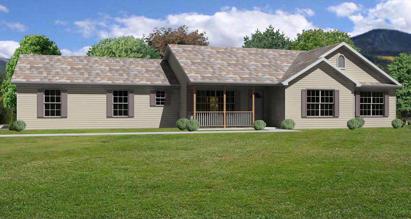 This image shows a front view of these Ranch Home Plans.