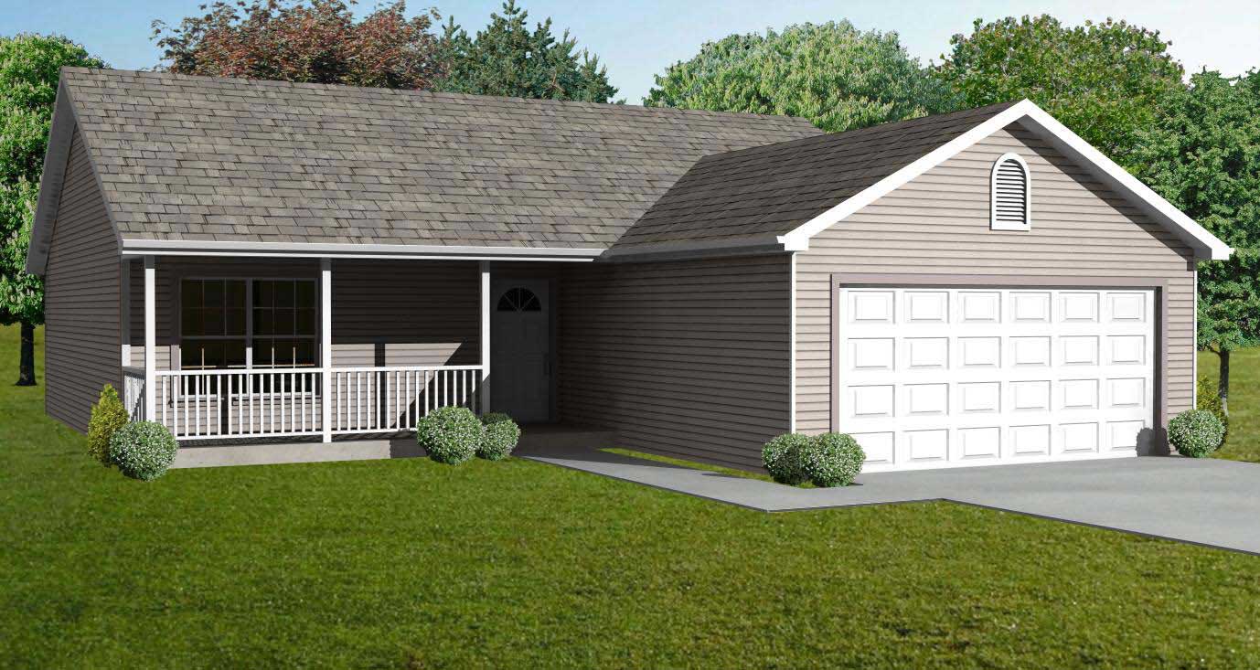 This is a colorful computer rendering of these Ranch Houseplans.