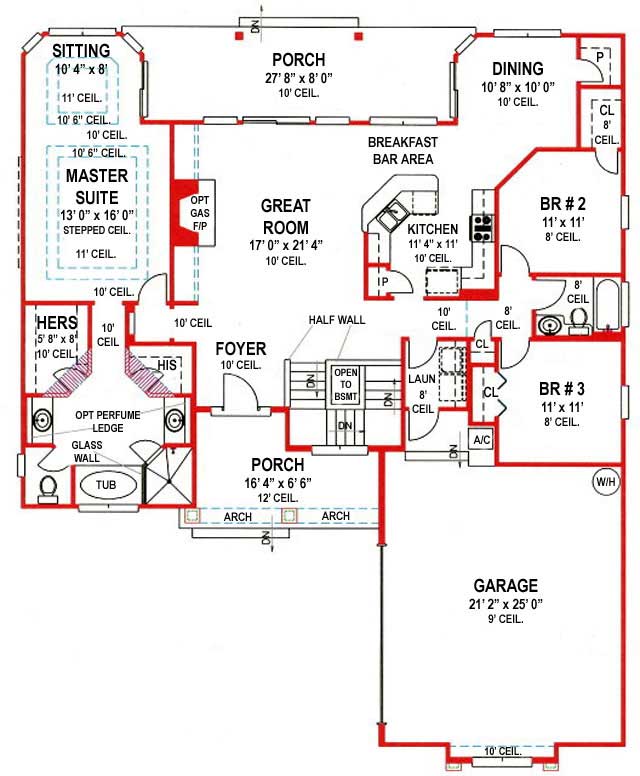 Floor Plan First Story of Florida Style Plan #150-1000