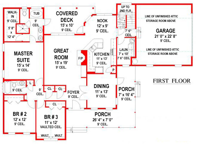 Floor Plan First Story of Florida Style Plan #150-1014
