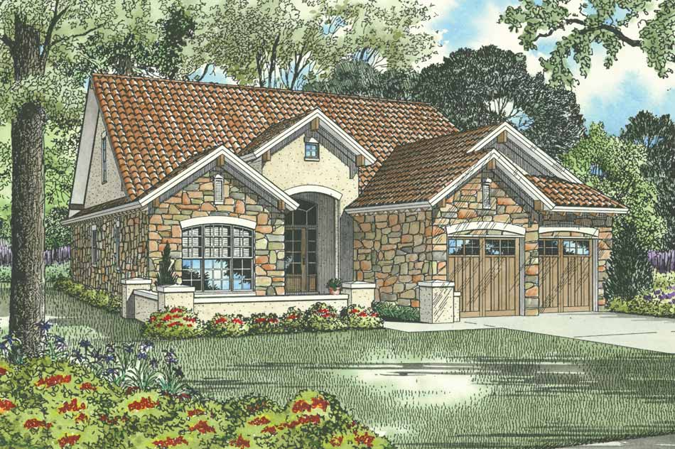 Front elevation of Tuscan home (ThePlanCollection: House Plan #153-1006)