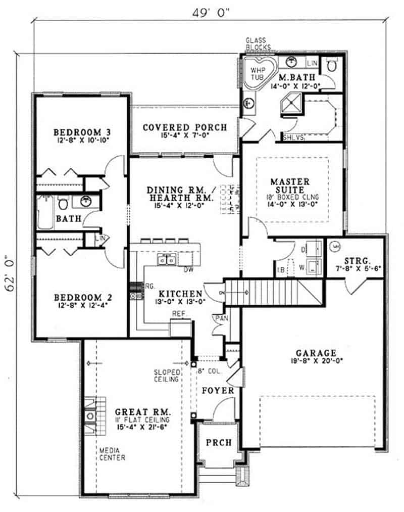 Floor Plan Main Level of Country Plan #153-1009