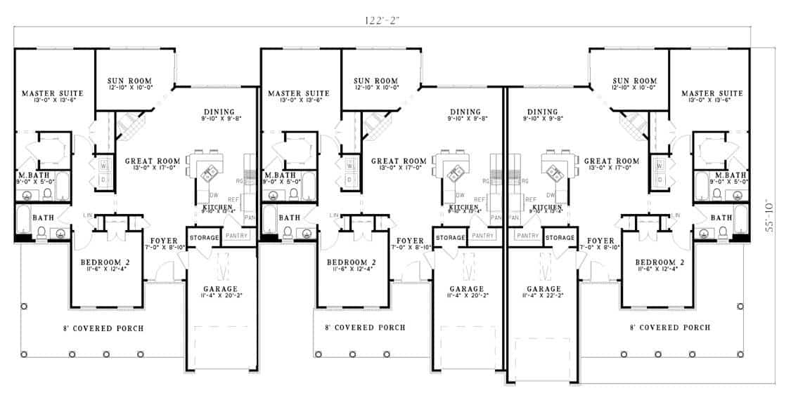 Floor Plan Main Level of Duplex Plan #153-1015