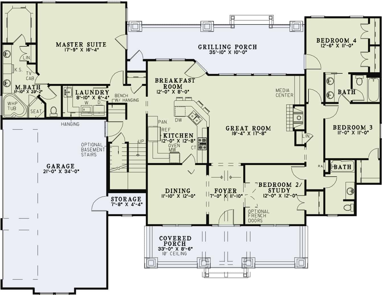 Floor Plan Main Level of Country Plan #153-1020