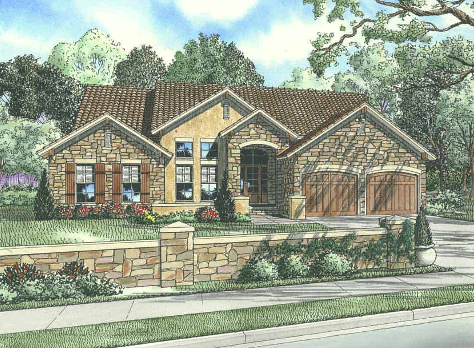 Front elevation of Tuscan home (ThePlanCollection: House Plan #153-1024)