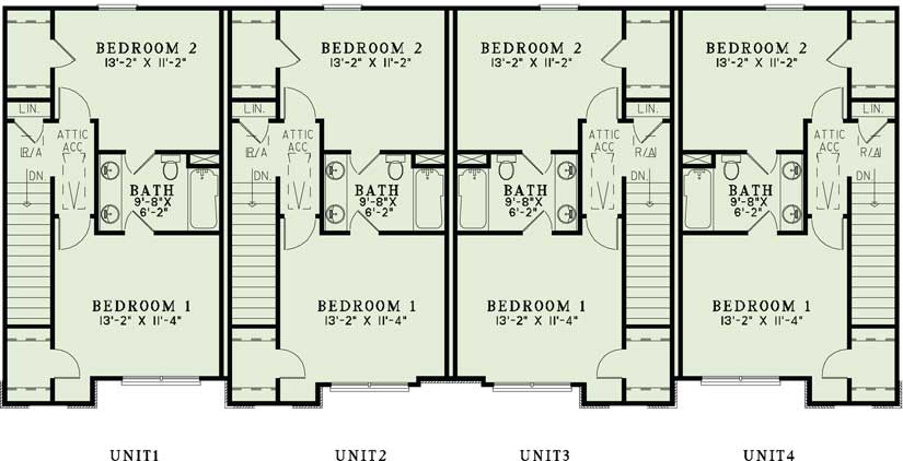 Floor Plan Second Story of Multi-Unit Plan #153-1100