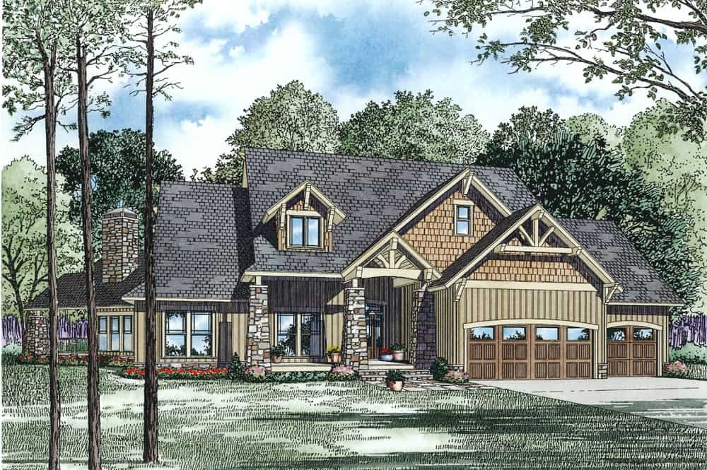 This is the front elevation for these Craftsman House Plans.
