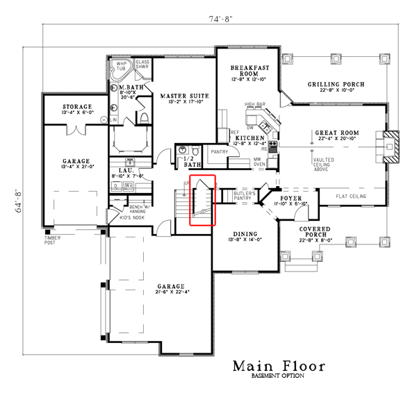 Basement Option Stair Location - Floor Plan Main Level of Craftsman Plan #153-1134