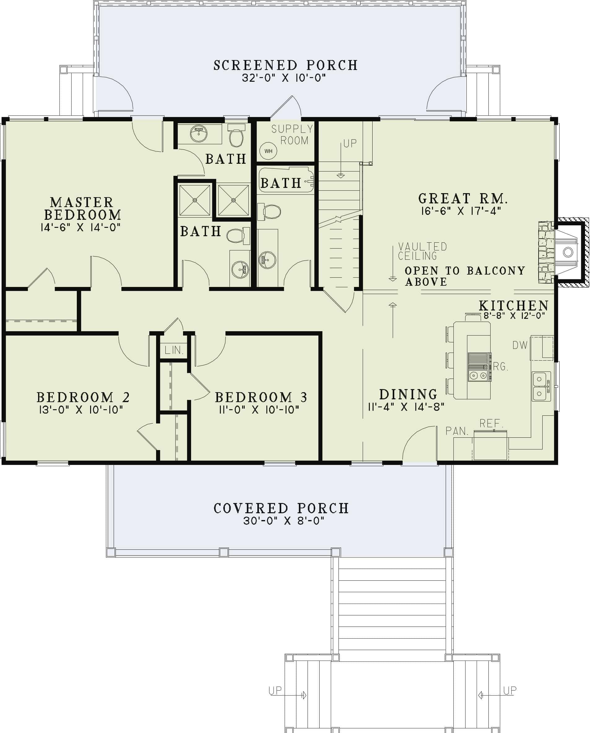 Floor Plan Main Level of Lowcountry Plan #153-1151