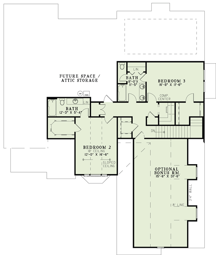 Floor Plan Second Story of Craftsman Plan #153-1156