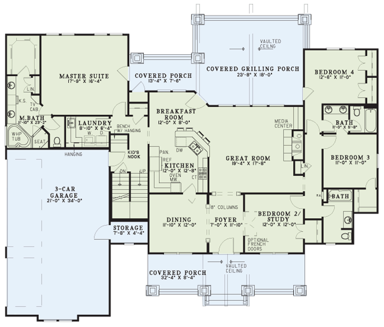 Floor Plan Main Level of Craftsman Plan #153-1166
