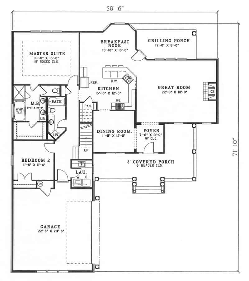 Floor Plan Main Level of Country Plan #153-1186