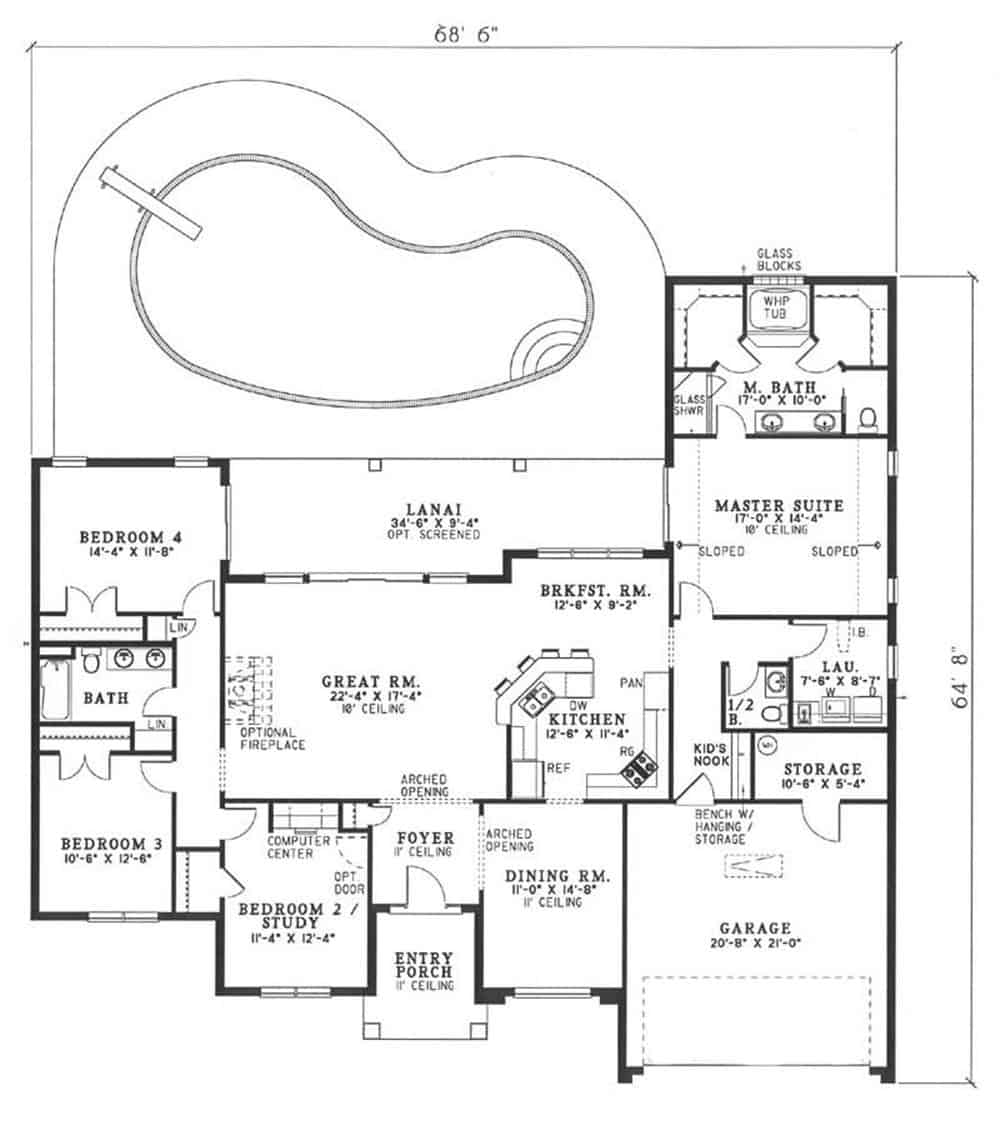 Floor Plan Main Level of Mediterranean Plan #153-1198