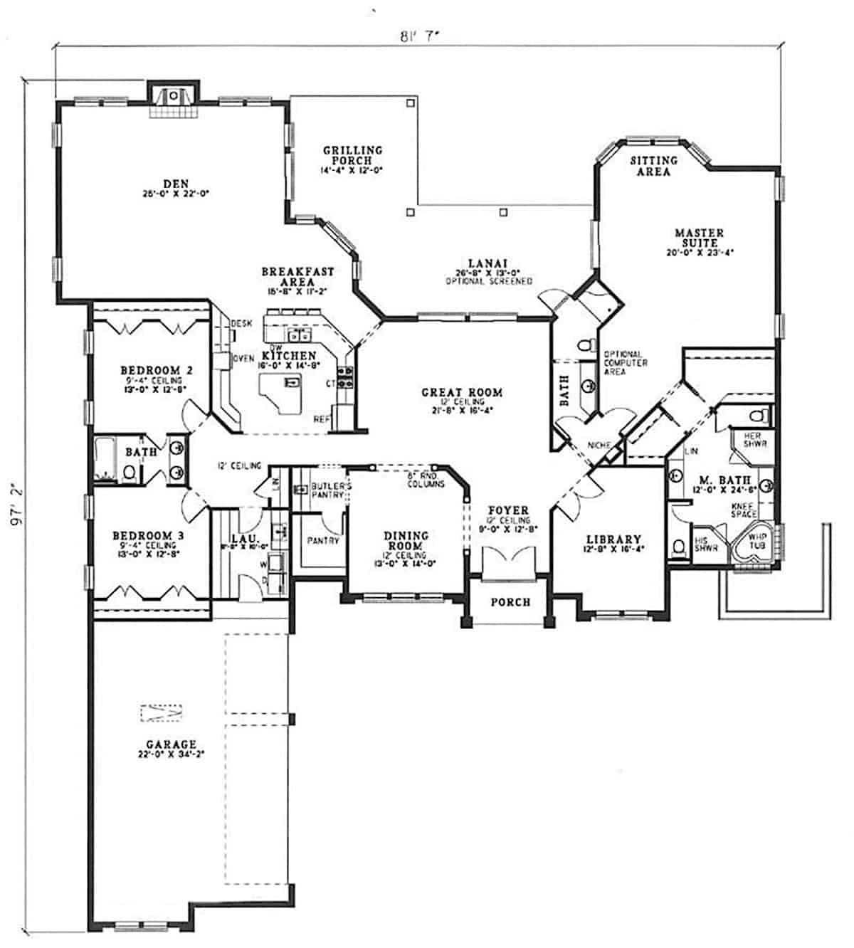 Floor Plan Main Level of Luxury Plan #153-1199