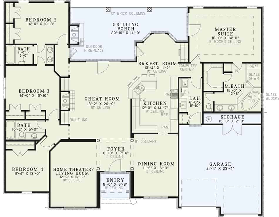 Floor Plan Main Level of European Ranch Plan #153-1210