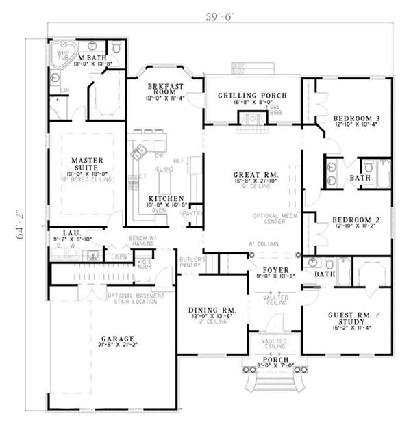 Floor Plan First Story of European Plan #153-1278