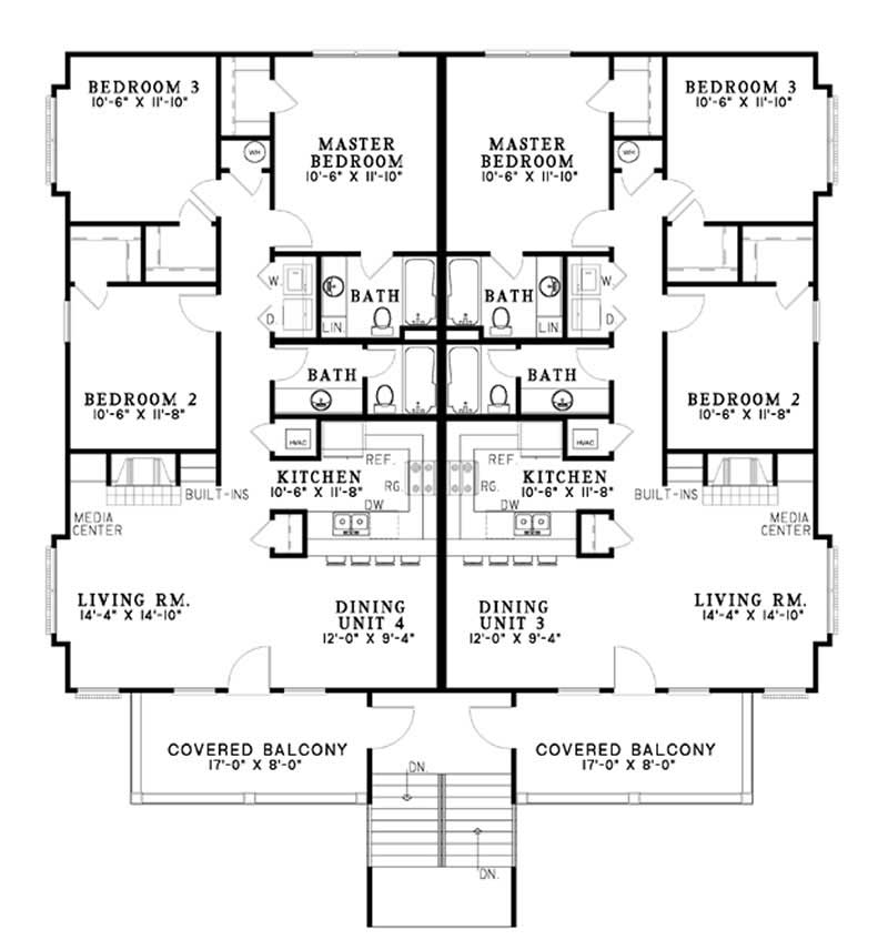 Floor Plan Second Story of Multi-Unit Plan #153-1334
