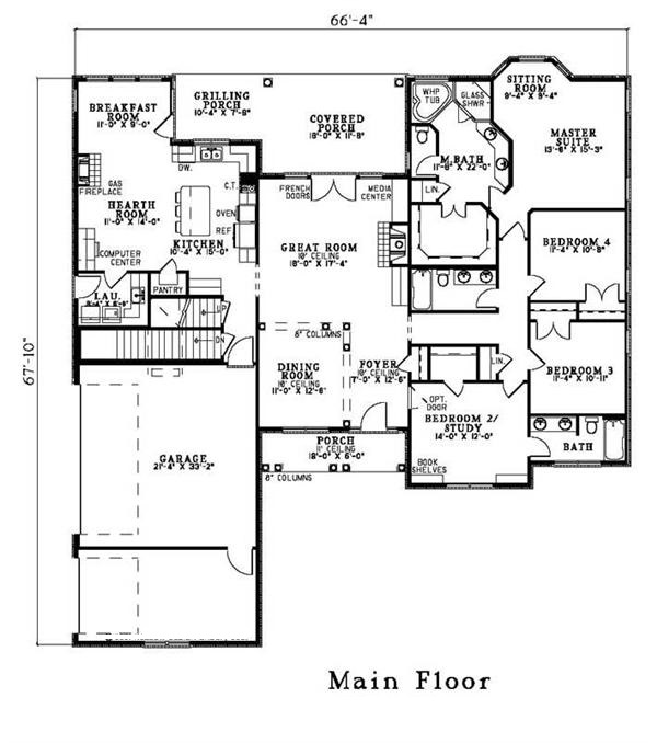 Floor Plan Main Level of Country Plan #153-1417 - Basement Stair Loction