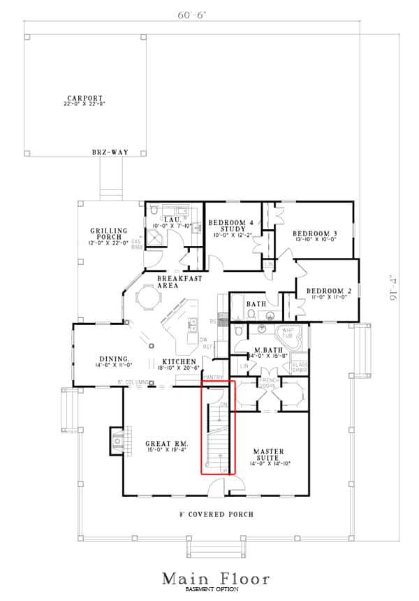 Floor Plan Main Level with Basement Highlighted of Southern Plan #153-1454