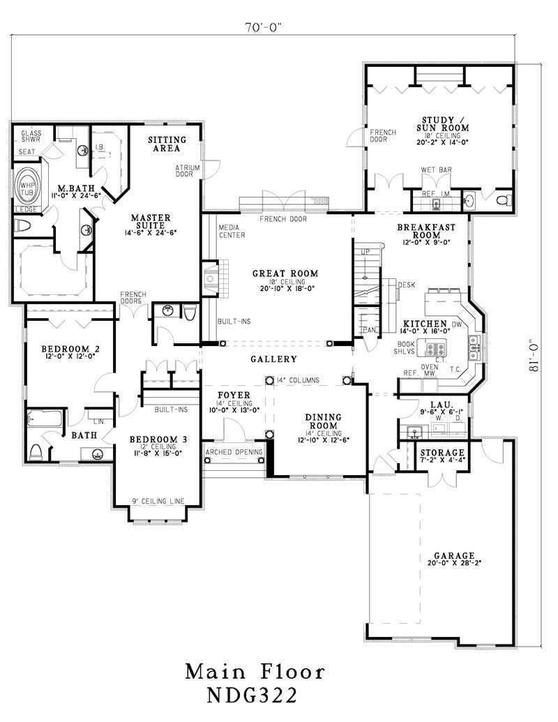 Floor Plan First Story of French Plan #153-1456