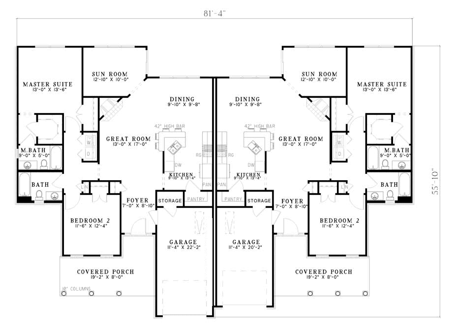 Floor Plan First Story of Duplex Plan #153-1576