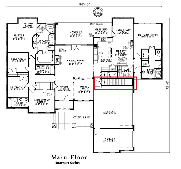 Floor Plan Main Level of Country Plan #153-1659 with Basement Stair Location
