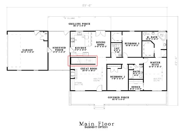 Floor Plan Main Level of Country Plan #153-1744 with Basement Foundation Option Stairs