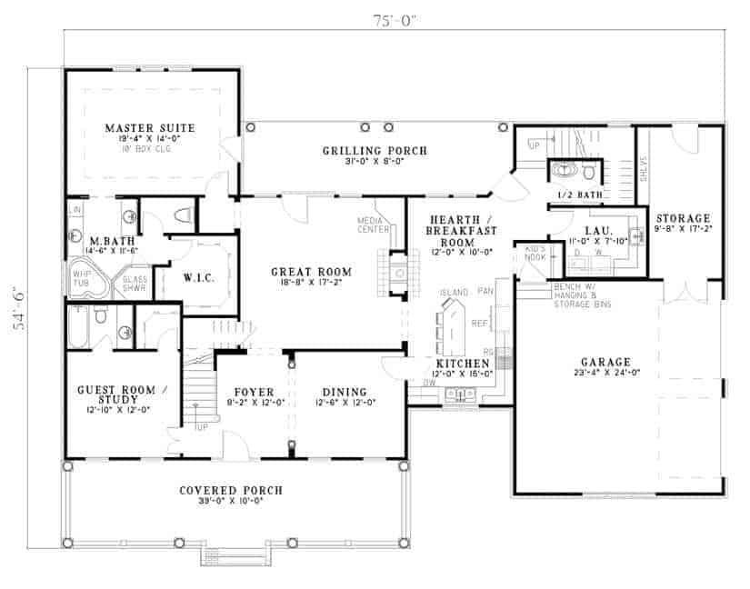 Floor Plan Main Level of Country Plan #153-1853