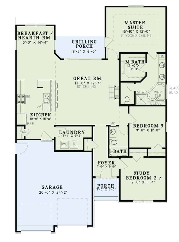 Floor Plan Main Level of Ranch Plan #153-2097