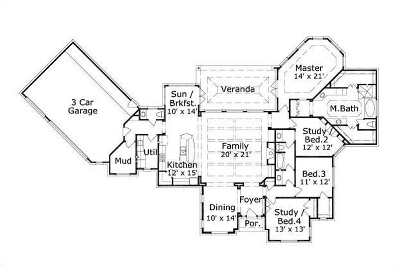 Floor Plan First Story of Ranch Plan #156-1007