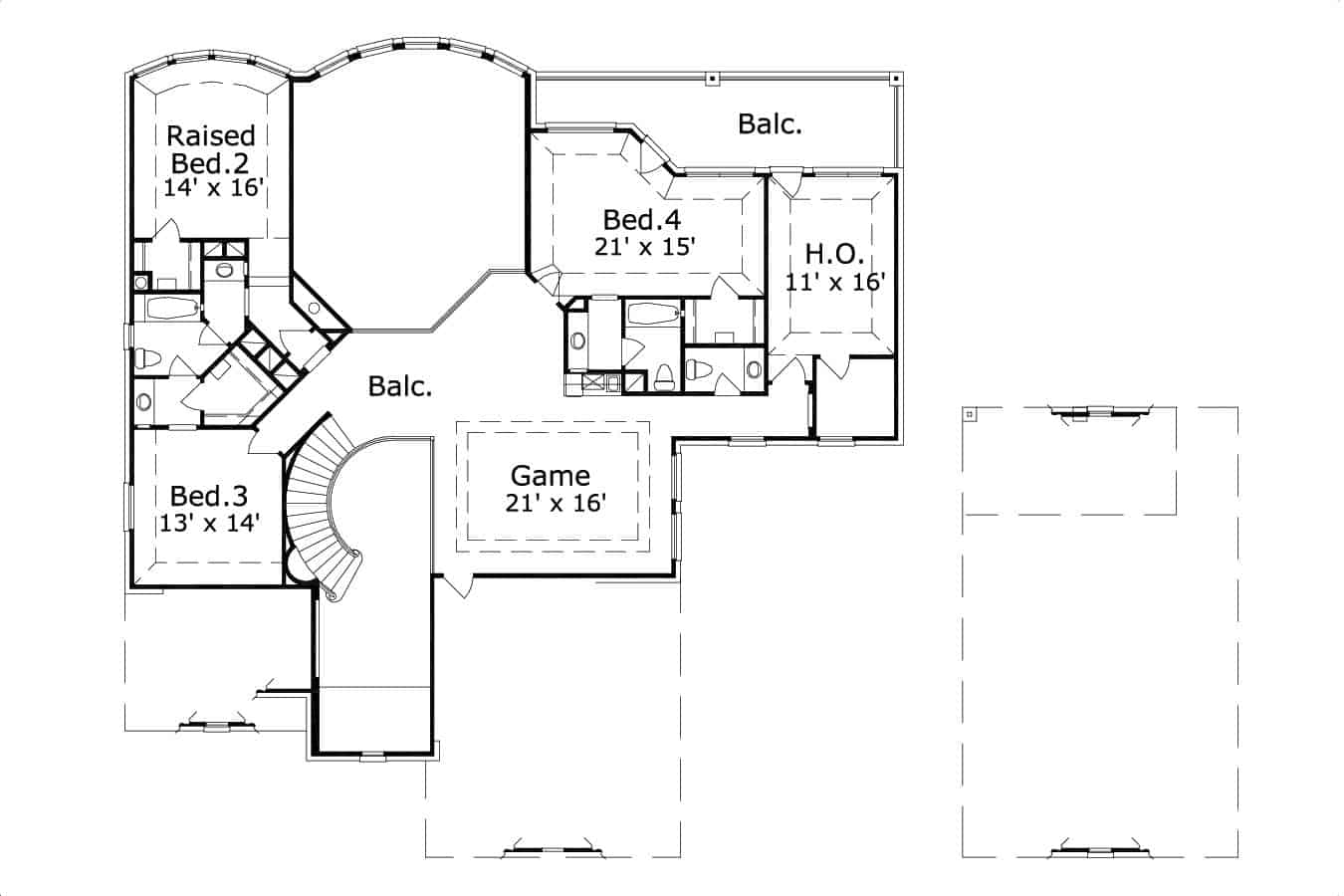 Floor Plan Upper Level of Luxury Plan #156-1076