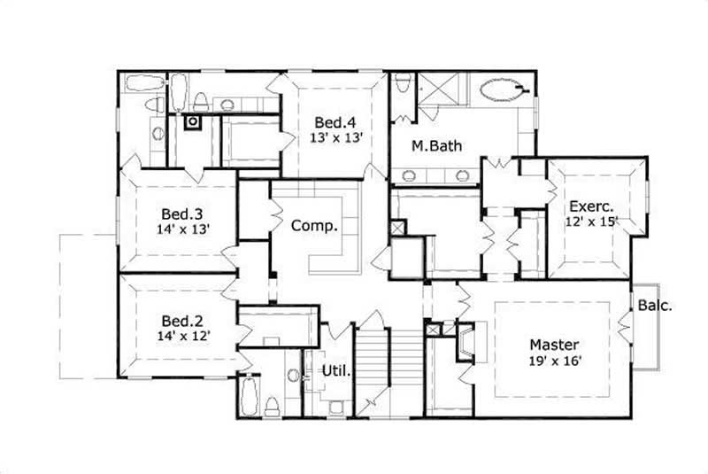 Floor Plan Second Story of Mediterranean Plan #156-1169