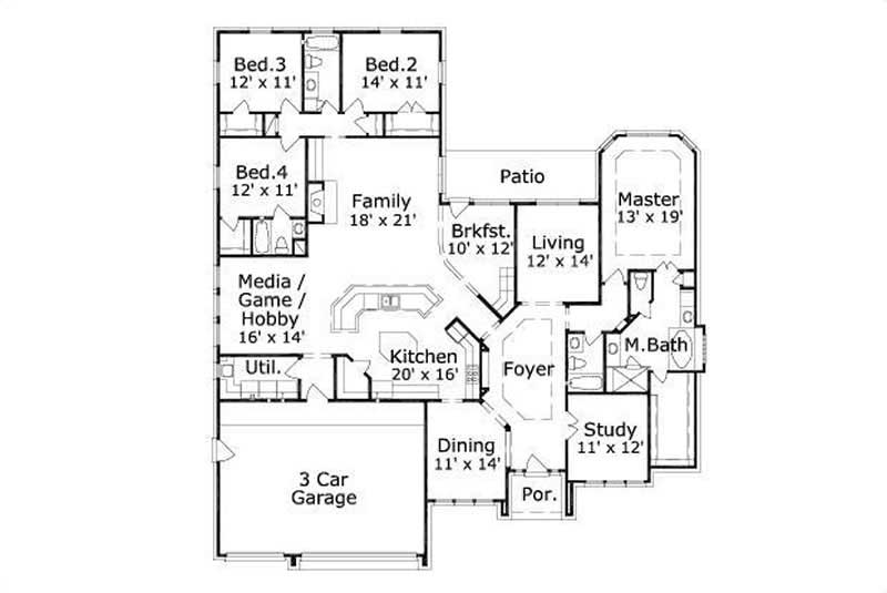 Floor Plan First Story of Ranch Plan #156-1305