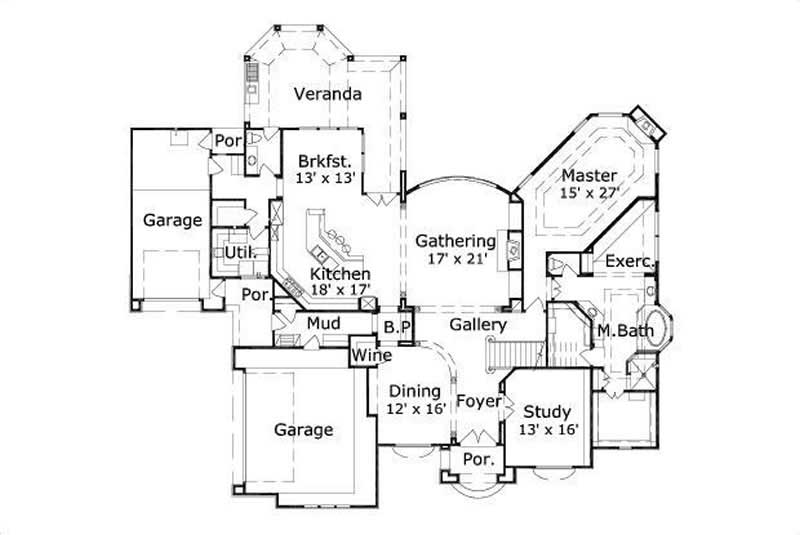 Floor Plan First Story of Country Plan #156-1348