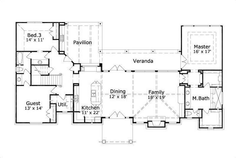 Floor Plan First Story of Southwest Plan #156-1398