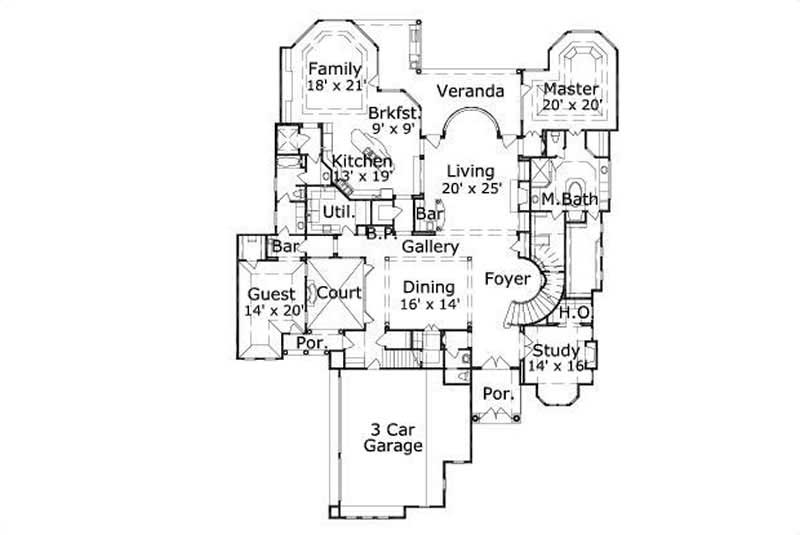 Floor Plan First Story of Spanish Plan #156-1466