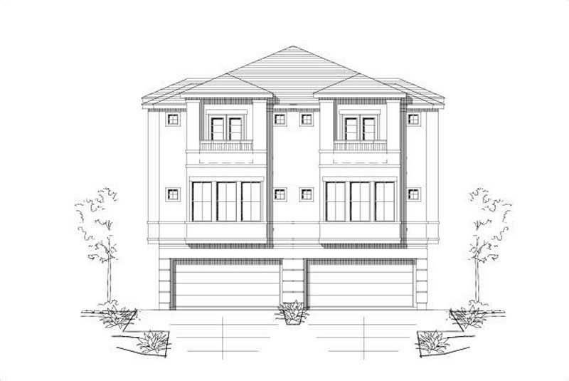 Front elevation of duplex home (ThePlanCollection: House Plan #156-1673)