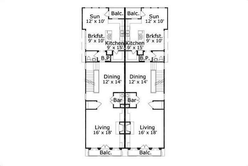 Floor Plan Second Story of Multi-Unit Plan #156-1677