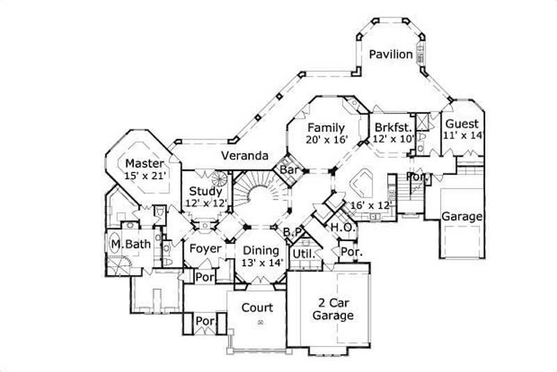 Floor Plan First Story of Spanish Plan #156-1783