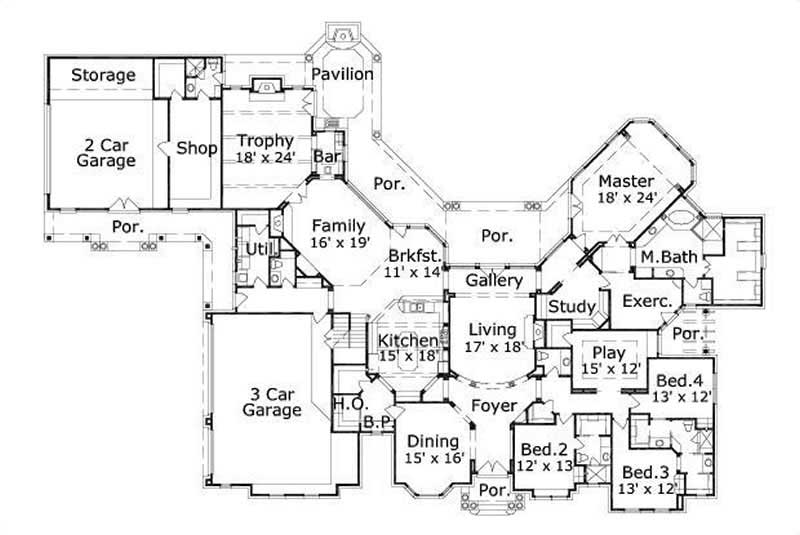 Floor Plan Main Level of Country Plan #156-1867