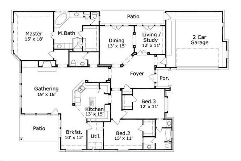 Floor Plan First Story of Ranch Plan #156-1944