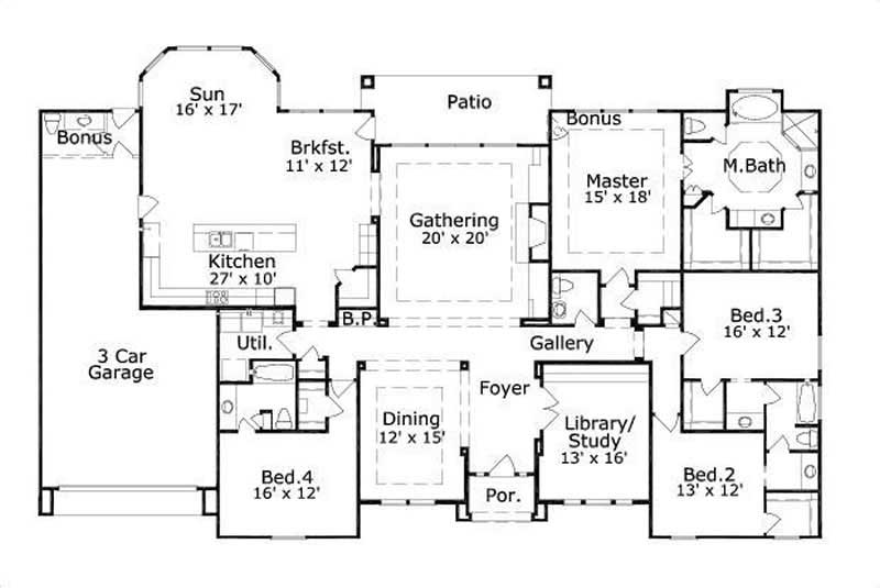 Floor Plan First Story of Spanish Plan #156-1985