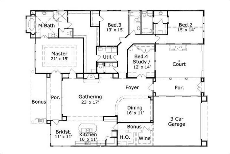 Floor Plan First Story of Spanish Plan #156-2016