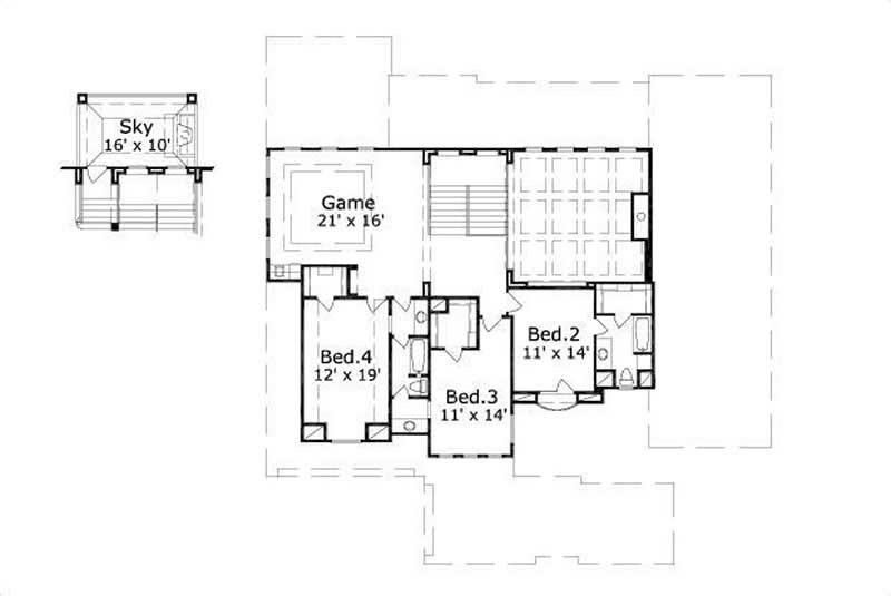 Floor Plan Second Story of Spanish Plan #156-2019