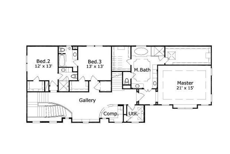 Floor Plan Second Story of Spanish Plan #156-2147
