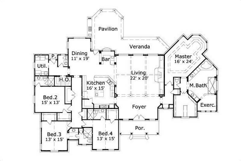 Floor Plan First Story of Spanish Plan #156-2154